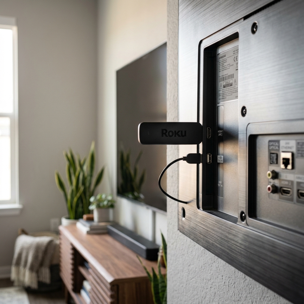 A high-quality lifestyle photo of a streaming stick plugged into a modern wall-mounted TV