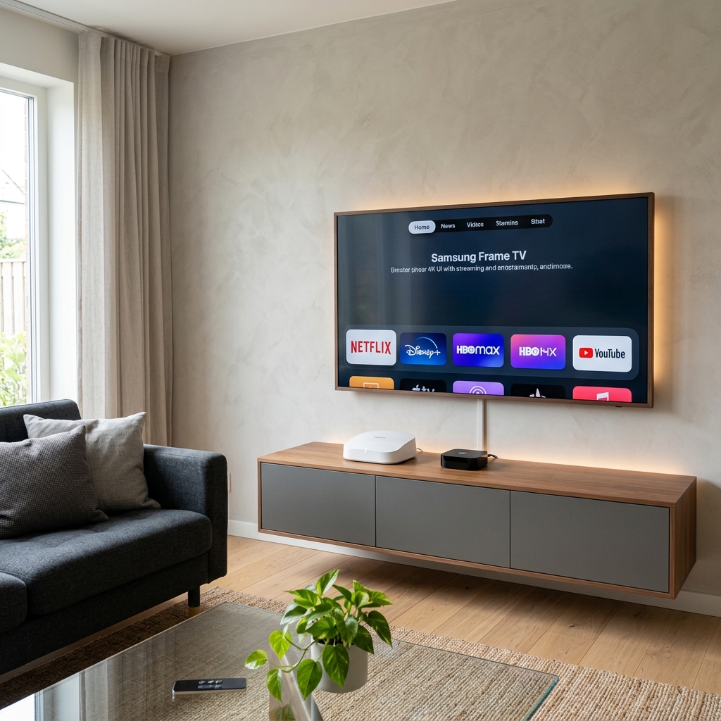 A sleek, minimalist living room with a premium streaming device and no bulky cable boxes