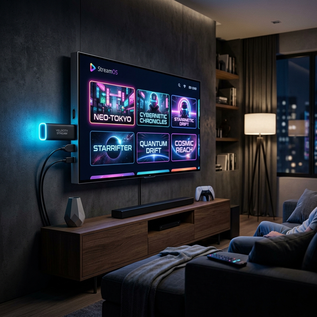 A modern television living room setup with a high quality streaming interface