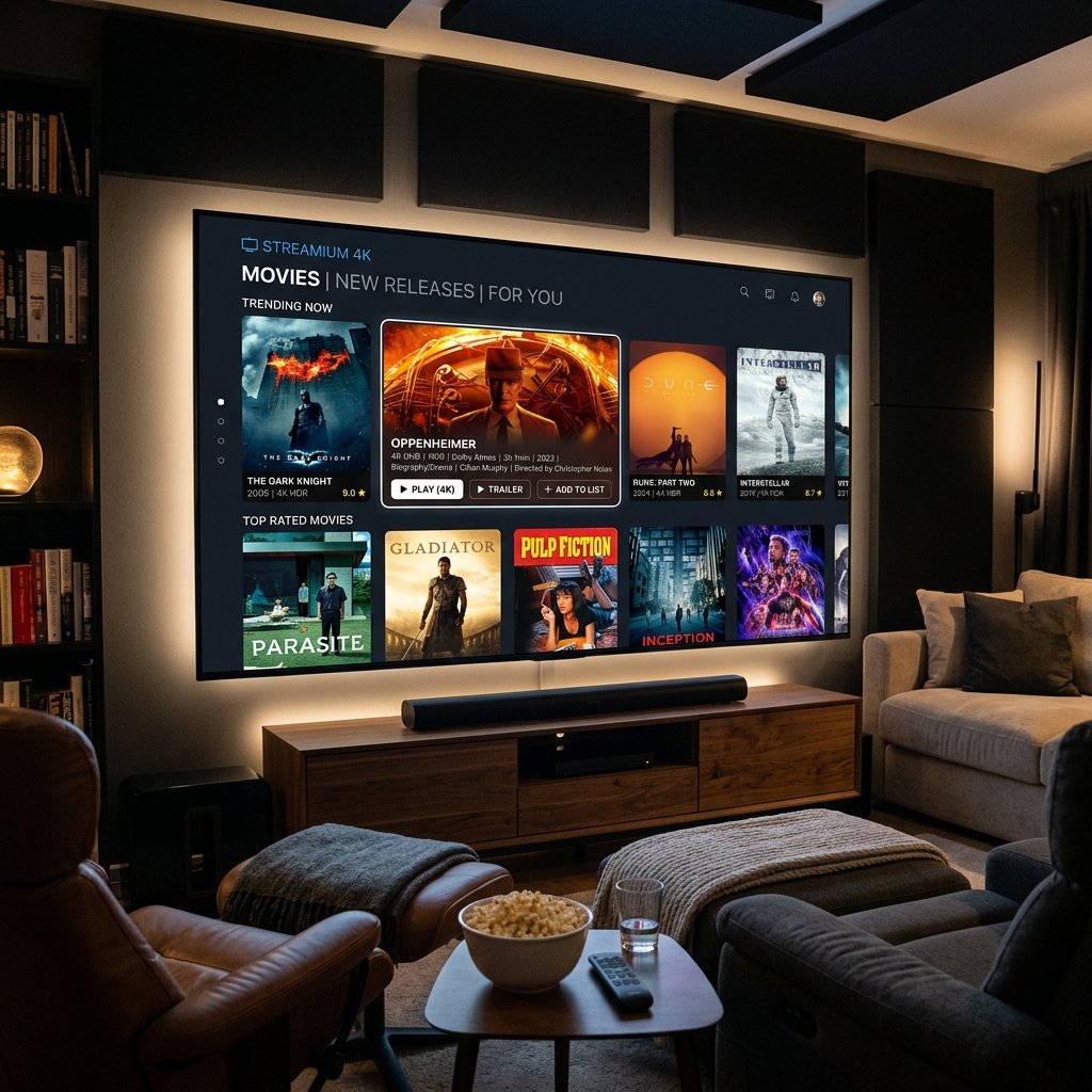 A crisp, high-definition television screen displaying a well-organized video-on-demand movie library with movie posters.