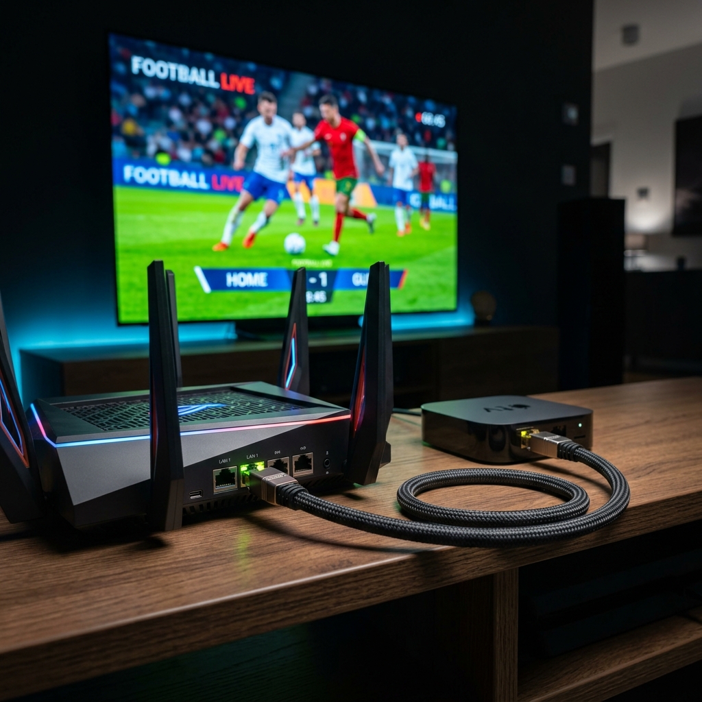 A premium Wi-Fi 6 router connected directly to a streaming device via a high-quality Ethernet cable