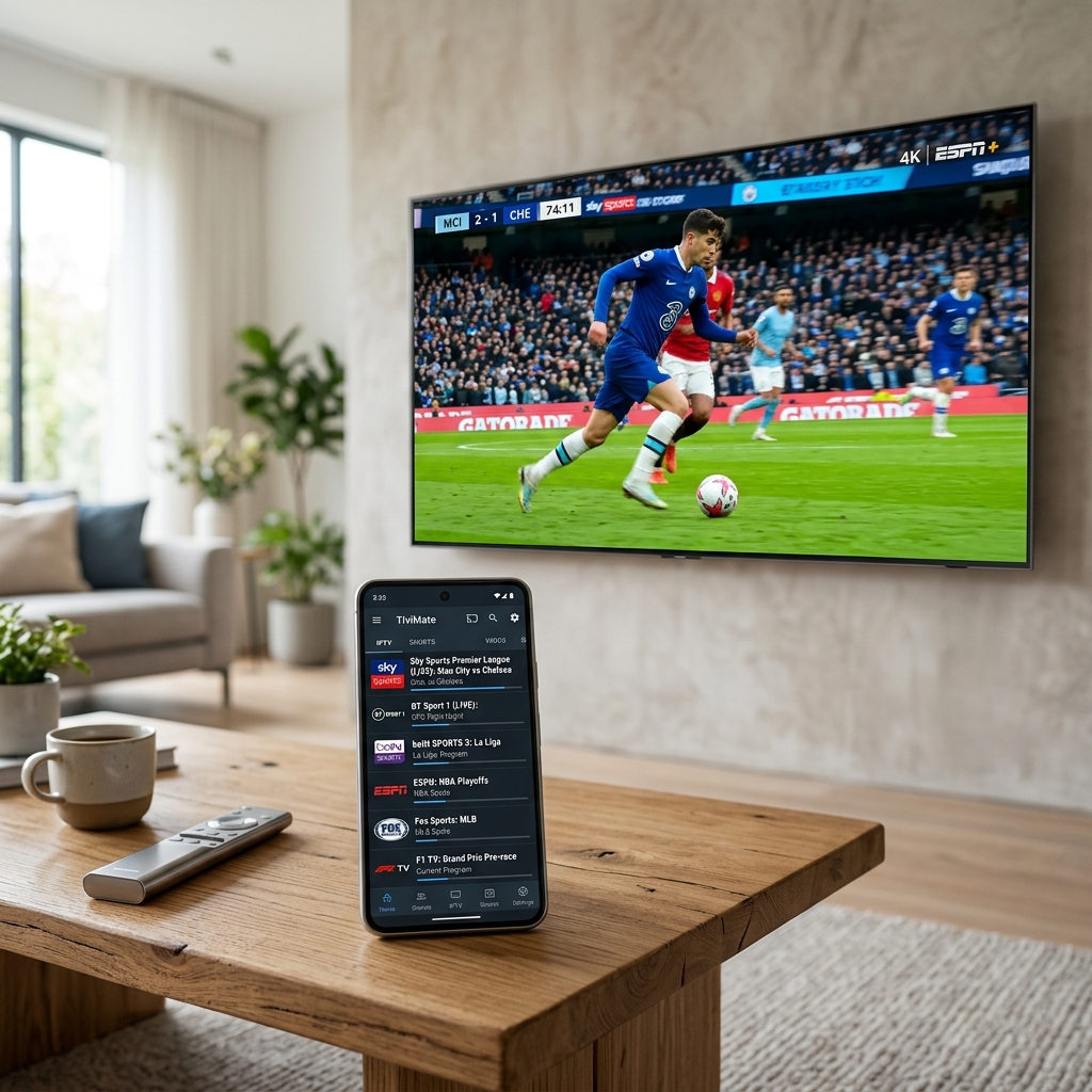 A close-up of a high-end smart TV screen showing a fast-paced sports match with a smartphone channel guide in the foreground