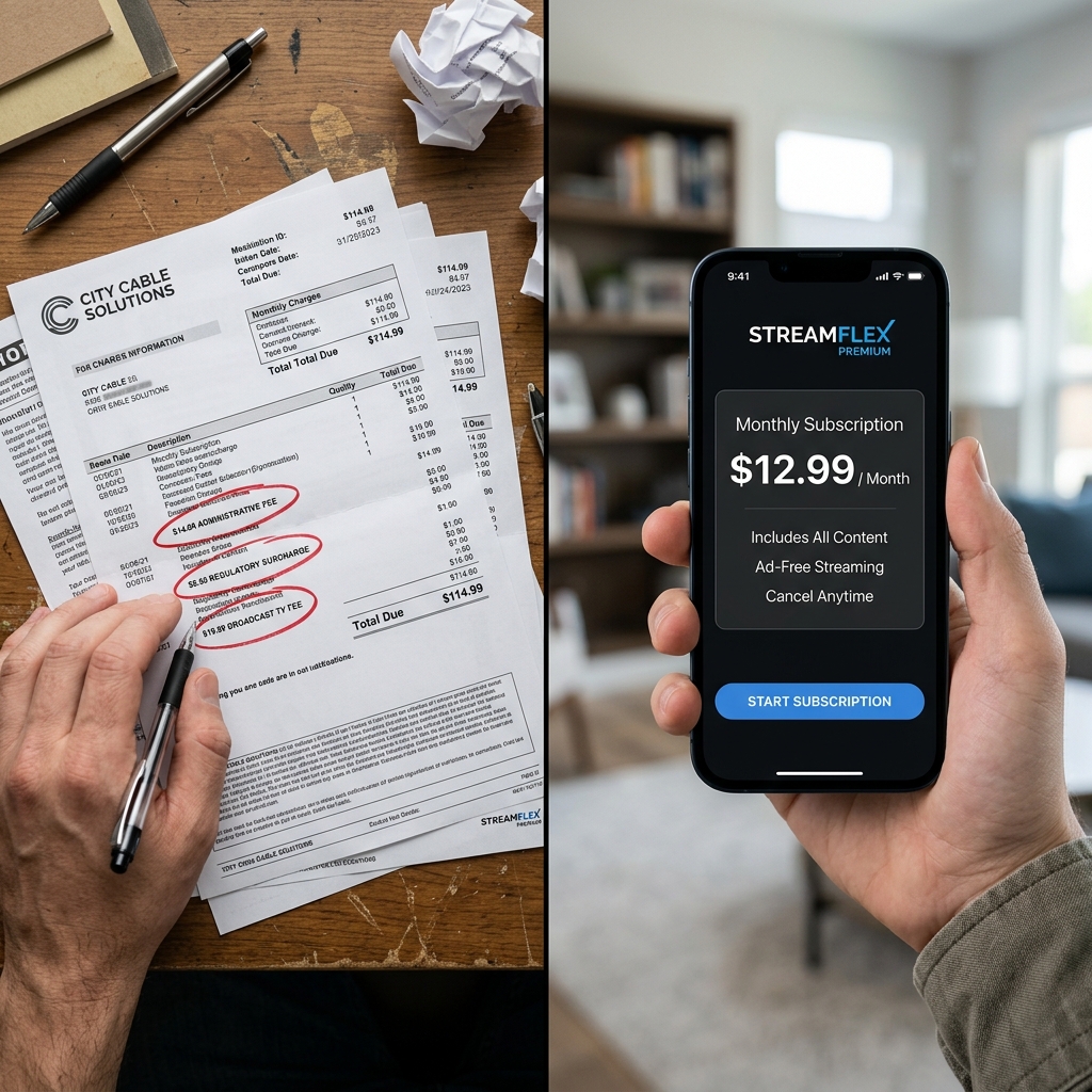 A split-screen visual comparison of a complex paper cable bill versus a clear digital subscription checkout