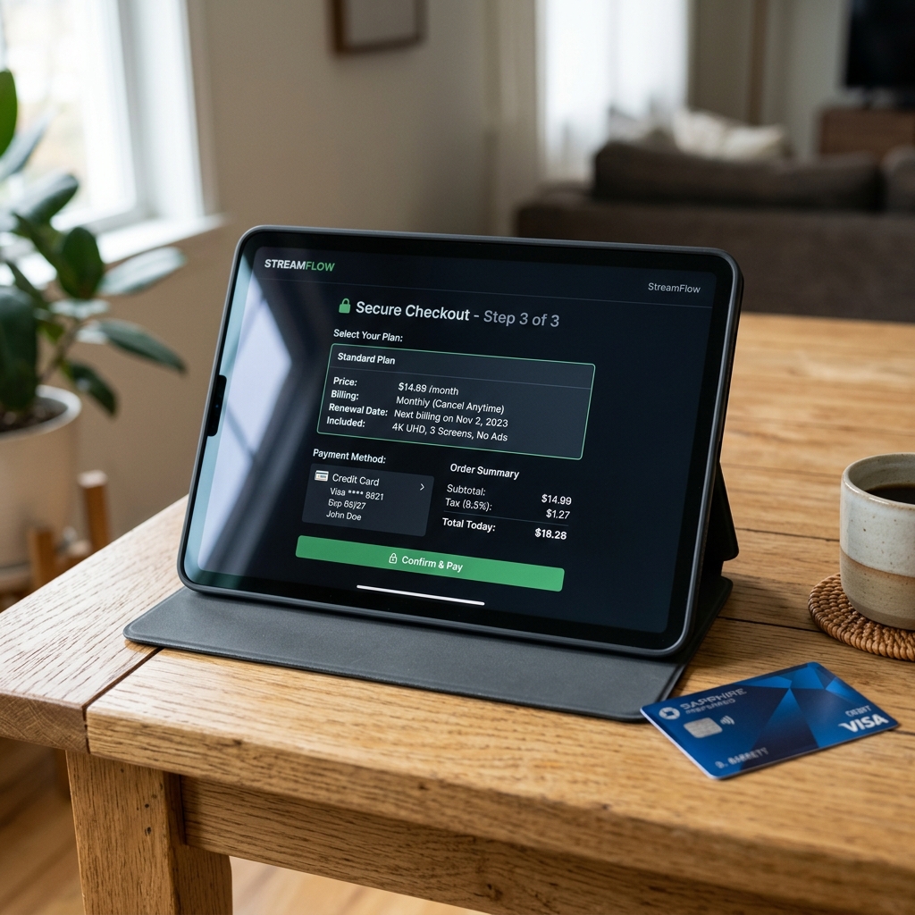 A secure digital checkout screen showing a transparent subscription plan for a streaming service.