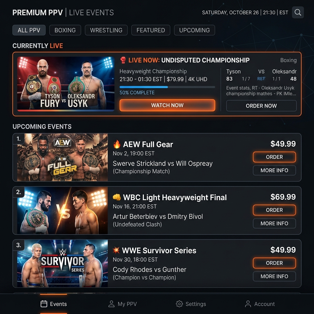 A sleek digital television guide (EPG) interface showing a schedule for premium Pay Per View boxing and wrestling events.