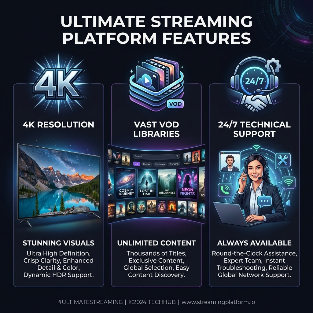 A sleek comparison chart highlighting the benefits of 4K resolution, VOD libraries, and 24/7 support.