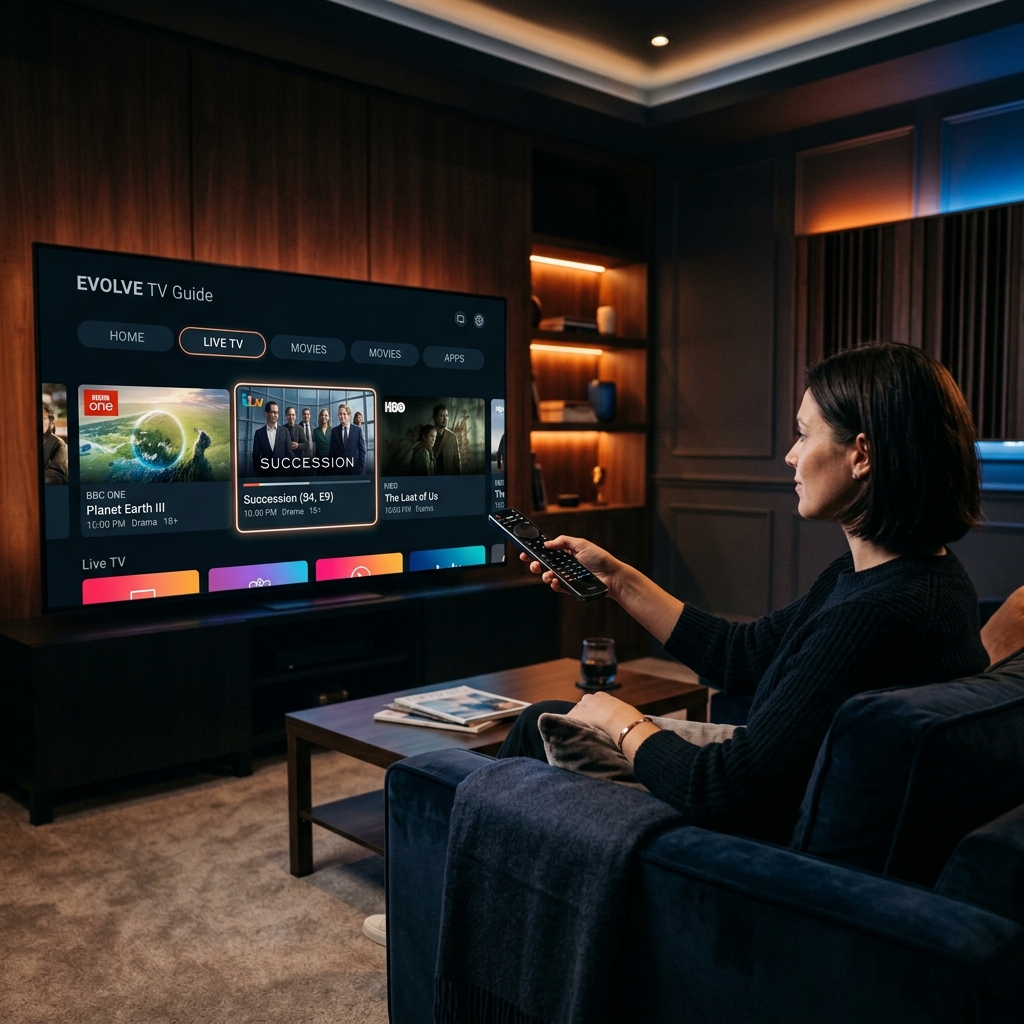 A person using a premium remote control to navigate a beautifully designed, modern television guide on a high-end smart TV.
